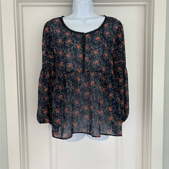 Max Studio Babydoll Boho Floral Semi-Sheer Top S - Picture 1 of 6